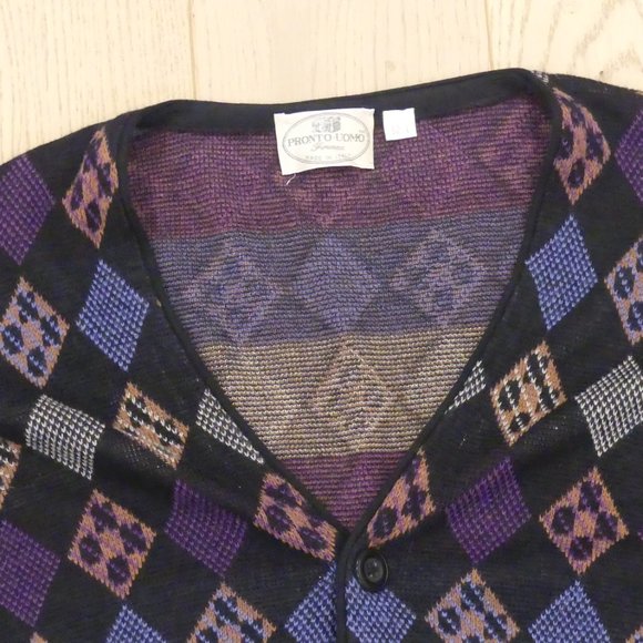 Pronto Uomo Made In Italy Black With Colourful Diamonds Large Cardigan Sweater - Picture 3 of 7